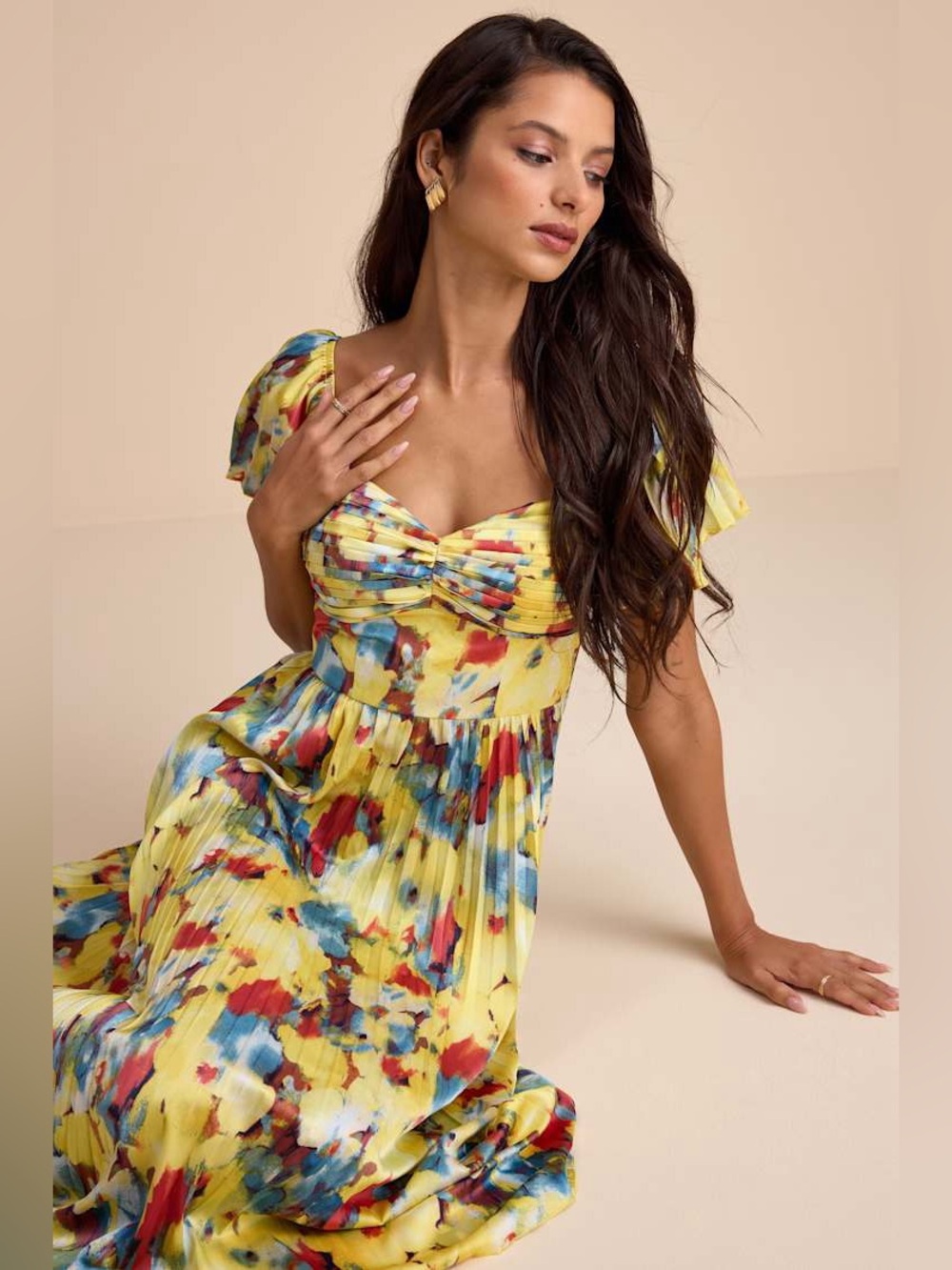 Lulus Authentically Yours Yellow Multi Abstract Print Satin Midi Dress - Size XL
